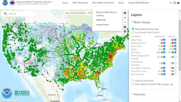 screen capture of U.S. NOAA centralized water data website called the National Water Prediction Service tool.