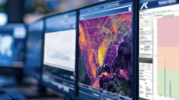 operations room with many screens: hail storm forecast, estimated hail size & archived impacts