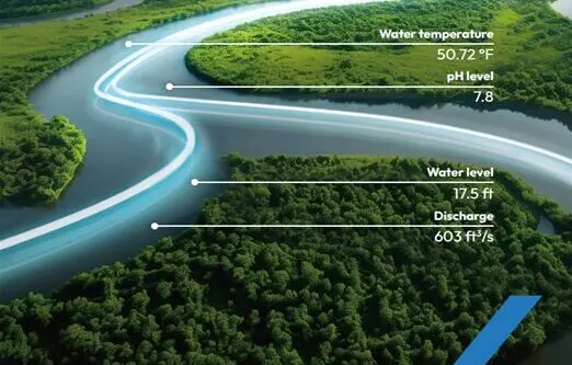 conceptual image of neon data lines in serpentine river to represent real-time streamgauge network