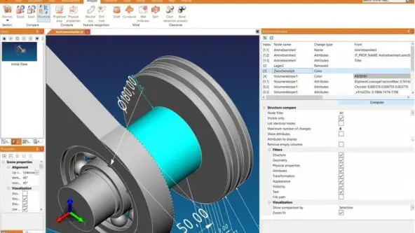 screen capture of 3DViewStation structure compare functionality; changes displayed in 3D model and detailed table in the upper right corner. Customized filters appear in the bottom right corner.