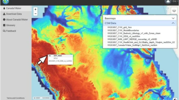 screen capture of Canada1Water portal (C1W portal) WebMap interface via Aquanty Inc, KISTERS partner