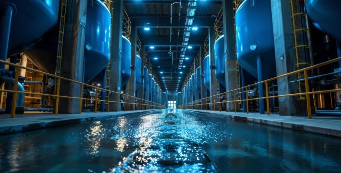 photo of internal water treatment plant, several large tanks flank an open body of water