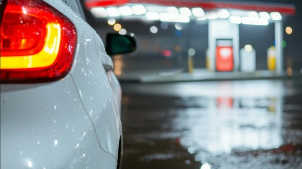 photo of white municipal car approaching gas station before hail