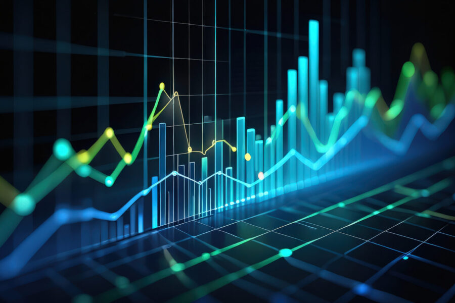 A digital illustration of various colorful line and bar graphs on a dark grid background, representing financial data or stock market analytics.
