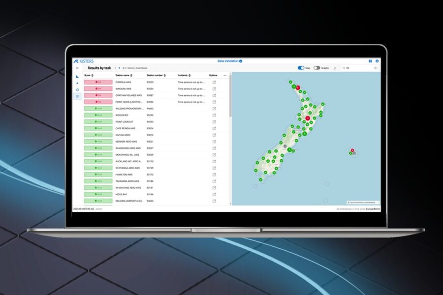 A laptop displays a data validation dashboard with a list of place names and statuses on the left and a map of New Zealand on the right.