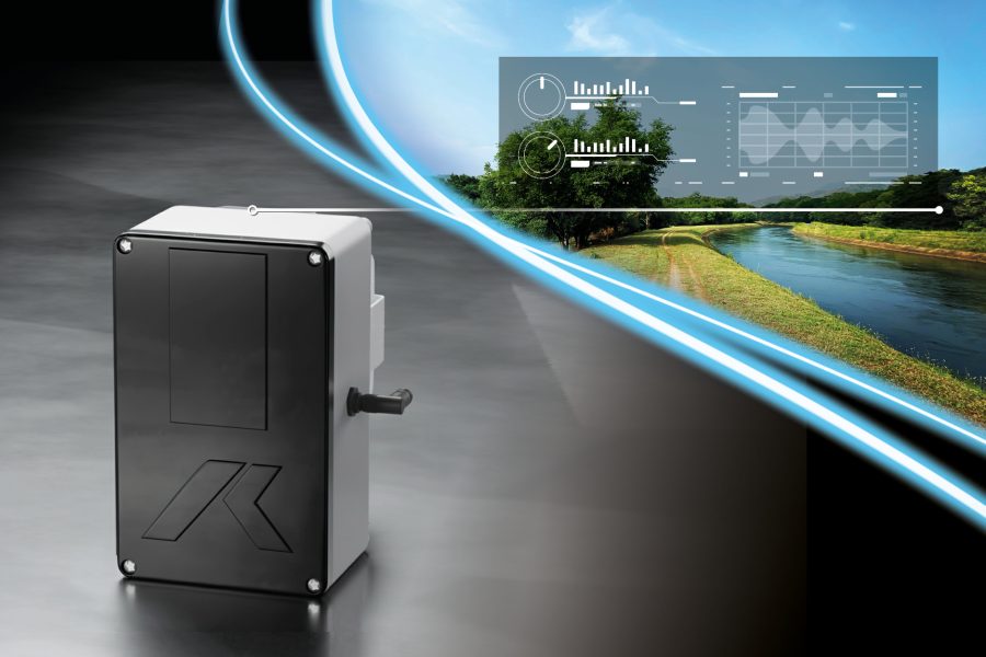 photo of HyQuant Edge water radar sensor for irrigation canal water monitoring